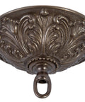 Old School Antique Bronze Cast Brass Ceiling Light Canopy Kit With Screw Collar Loop Five And A Half Inch Diameter And Three And Three Eighths Inch Deep Includes Crossbar Mounting Hardware And One Quarter Inch IPS Threaded Rod showing detailed ornate design in bronze finish