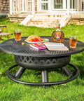 36 Inch Round Metal Fire Pit With Grill For Outdoor Yards And Patios 3 In 1 Wood Burning Fire Pit Table with refreshments