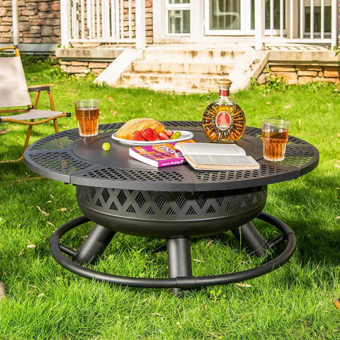 36 Inch Round Metal Fire Pit With Grill For Outdoor Yards And Patios 3 In 1 Wood Burning Fire Pit Table with refreshments