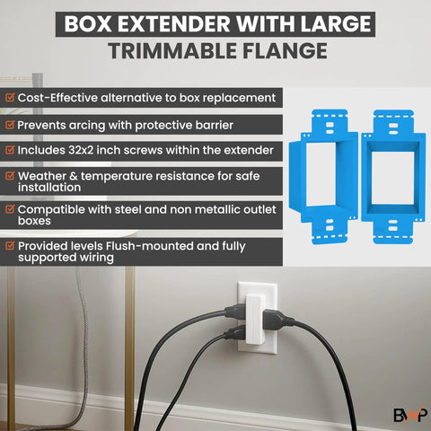 Image showing Two Pack 1 Gang Electrical Box Extender Kit With Four Screws Heavy Duty Weatherproof PVC Box Extender For Outlets next to wall installation example.