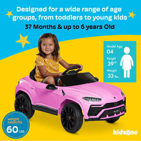 Child driving Lamborghini Urus Licensed 12V Ride On Car For Kids With Parent Remote Realistic Open Doors LED Headlights Horn Radio AUX Spring Suspension Pink SUV Toy