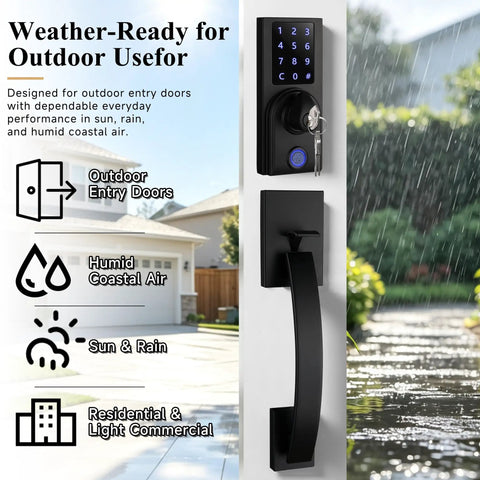 Real Deal Dual Door Smart Lock Kit With Fingerprint Reader And Touchscreen Keypad Keyless Entry For Home Security featuring a weather-ready exterior.
