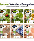 2 in 1 Digital Microscope for Kids, Handheld and Desktop STEM Toy for Exploring Leaves, Bugs, Coins, Fabrics, and More at Home, School, or Outdoors, Awesome for Curious Minds. Green handheld digital microscope showing bug, leaf, flower, coin, fabric, and skin close-ups