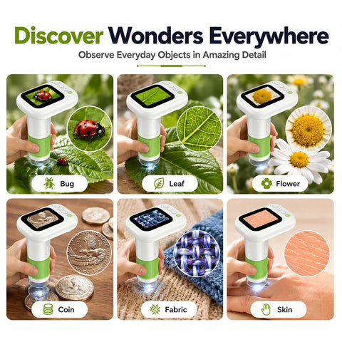 2 in 1 Digital Microscope for Kids, Handheld and Desktop STEM Toy for Exploring Leaves, Bugs, Coins, Fabrics, and More at Home, School, or Outdoors, Awesome for Curious Minds. Green handheld digital microscope showing bug, leaf, flower, coin, fabric, and skin close-ups