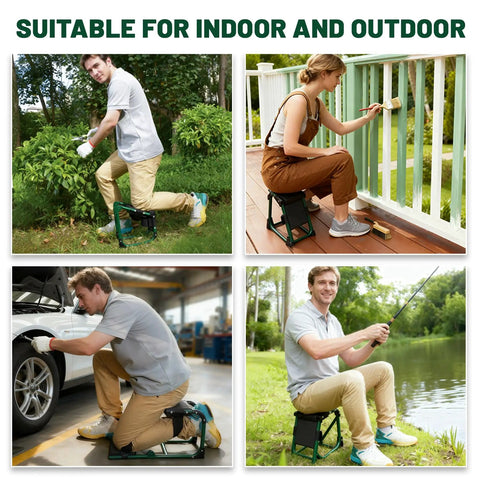 Various uses of Foldable Garden Kneeler And Seat With Soft Kneeling Pad for gardening, painting, car repair, and fishing
