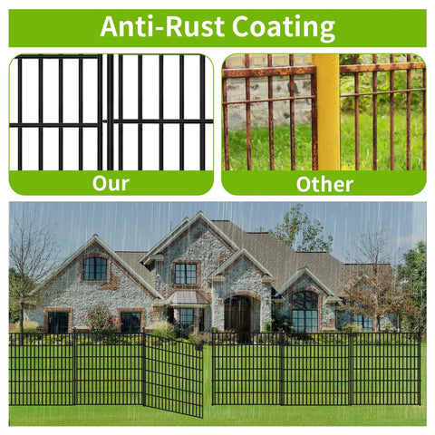 Comparison of No Dig Garden Fence Kit With Gate, 10 Metal Panels, 32 Inch High, 24.2 Feet Long, showing rustproof feature.