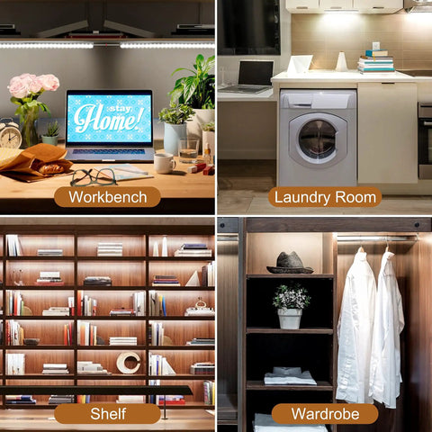 Under Cabinet Lighting Kit With Two 12 Inch LED Light Bars, Dimmable Plug In, Cold White 6000K, in various home settings