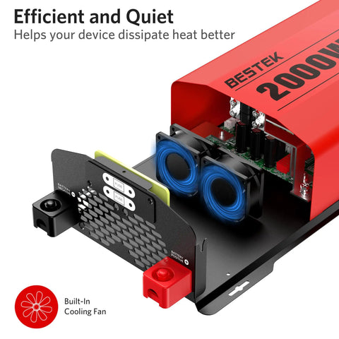 Close-up of the Badass 2000 Watt Pure Sine Wave Power Inverter with cooling fans and connections for improved heat dissipation.