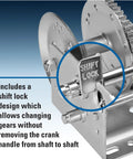 Close-up of Two Speed Trailer Winch With 2,600 Lb Capacity, shift lock mechanism, and silver finish.
