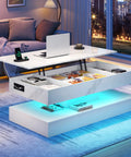 47.2 Inch Lift Top Coffee Table With LED Lights And Charging Station in modern living room setting