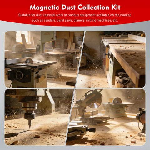 Magnetic Dust Collection Quick Connect Fitting System For Shop Vacuums And Woodworking Machinery with tools in workshop.