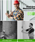 Dual Laser Measuring Tool With 656 Ft Green Beam Bilateral Digital Distance Meter For Length Area Volume And Angle Rechargeable Laser Measurement Tool With Backlit LCD Display And 6 Units In Ft In M. worker using green laser distance meter