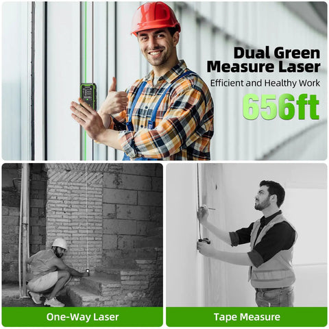Dual Laser Measuring Tool With 656 Ft Green Beam Bilateral Digital Distance Meter For Length Area Volume And Angle Rechargeable Laser Measurement Tool With Backlit LCD Display And 6 Units In Ft In M. worker using green laser distance meter