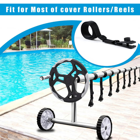 Universal Pool Solar Cover Reel Attachment Kit With Heavy Duty Straps And Clips For Inground Swimming Pools Hella Secure Grip Keeps Blanket Locked Down Sweet, showing adjustable straps on a reel by the pool.