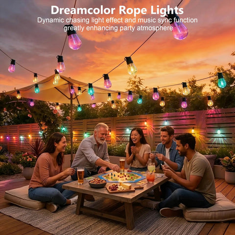 Outdoor String Lights 150Ft RGB IC Dimmable Shatterproof LED Bulbs IP67 Waterproof DreamColor Patio Strip Lights For Backyard Balcony And Outdoor Living With Chasing Effects And Music Sync Via App illuminating patio gathering.