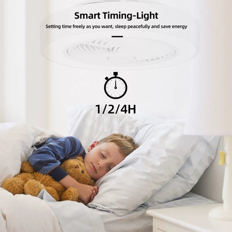 Child sleeping under a 2 In 1 Ceiling Fan With Lights And Remote, 20 Inch No Sweat Low Profile Enclosed Modern Ceiling Fan For Small Rooms