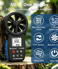 Digital Handheld Wind Speed Meter With Temperature And Wind Chill Readouts, High Precision Anemometer For HVAC, Camping And DIY Projects, Measures 0.67 To 67.1 Mph With About 2 Percent Accuracy. black handheld anemometer on tree stump with screen and fan