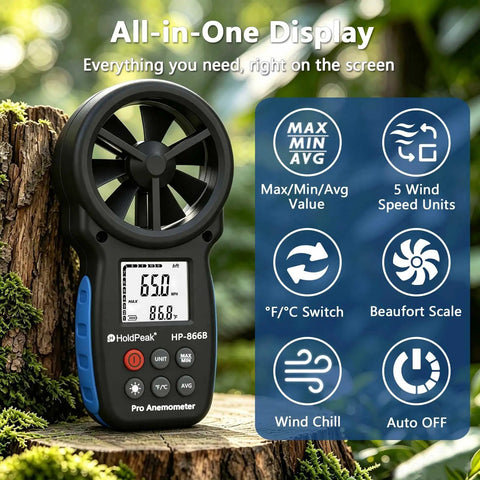 Digital Handheld Wind Speed Meter With Temperature And Wind Chill Readouts, High Precision Anemometer For HVAC, Camping And DIY Projects, Measures 0.67 To 67.1 Mph With About 2 Percent Accuracy. black handheld anemometer on tree stump with screen and fan