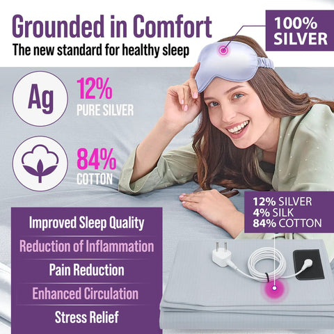 Woman with silver eye mask on queen size grounding sheet set including 12% silver fiber, 4% silk, 84% cotton blend, and grounding cables.