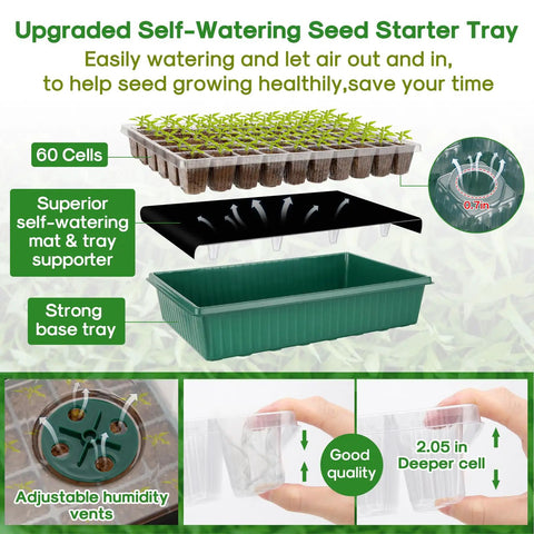 Self Watering Seed Starter Kit With Grow Light, 120-Cell Germination Tray, 1-24 Hour Timer, Humidity Dome, Indoor Plant Starter Kit, Seedlings Tray Green