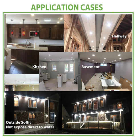 Images showing applications of Recessed Ultra Thin No Hassle Canless 6 Inch LED Ceiling Light Kit Black Trim Dimmable Retrofit indoors and outdoors.