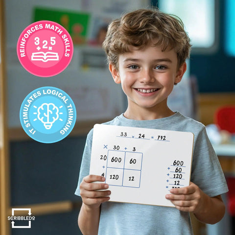 Child holding Dry Erase Ten Frame Area Model Board For Kids 9 By 12 Inch Double Sided Whiteboard For Math Practice Area Model And Two Ten Frames