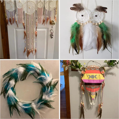 DIY crafts using Rooster Saddle Feathers Craft Pack 200 Pcs 5 To 7 Inches for dream catchers, wreaths, and decor