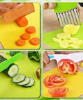 Montessori kids knife set, wooden blades; carrot pieces on yellow cutting board (front view)

Plastic toddler crinkle cutter with green handle slicing yellow potato on green cutting board (side view)

Kids plastic knife with green blade slicing cucumber on bright green cutting board (close-up)

White toddler knife slicing tomato halves on yellow cutting board (installed view)