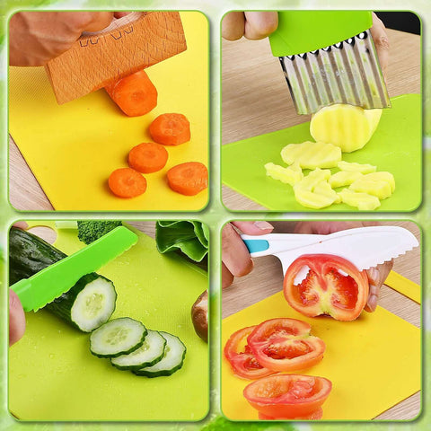 Montessori kids knife set, wooden blades; carrot pieces on yellow cutting board (front view)

Plastic toddler crinkle cutter with green handle slicing yellow potato on green cutting board (side view)

Kids plastic knife with green blade slicing cucumber on bright green cutting board (close-up)

White toddler knife slicing tomato halves on yellow cutting board (installed view)