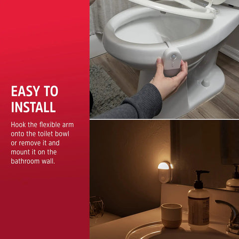 Demonstration of installing a Toilet Light With Motion Sensor And 20 Color Changing LEDs on toilet bowl and wall.