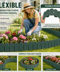 Woman installing Green Garden Border Edging Kit For DIY Yards 8 Piece Flexible Polypropylene Lawn Fence Panels 10 Ft Total Length