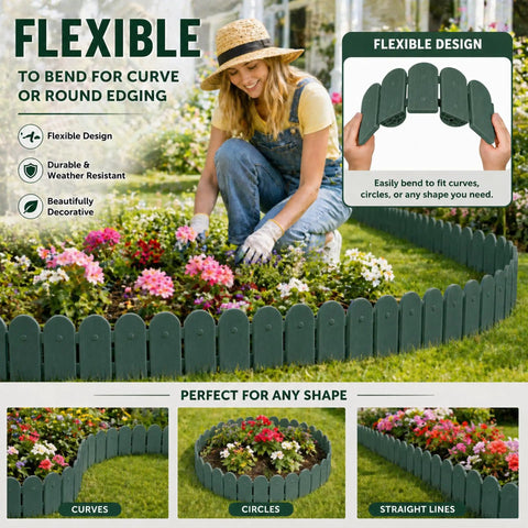 Woman installing Green Garden Border Edging Kit For DIY Yards 8 Piece Flexible Polypropylene Lawn Fence Panels 10 Ft Total Length