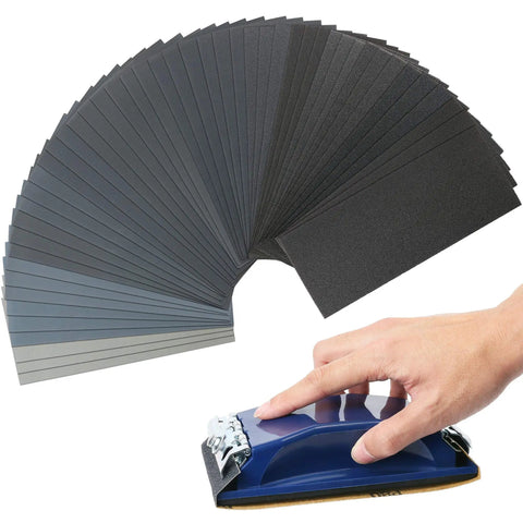 Pro Grade Sandpaper Set With 108 Sheets From 60 To 5000 Grit Plus Dry Wet Sanding Block 9x3.6 Inches Silicon Carbide Sheets shown