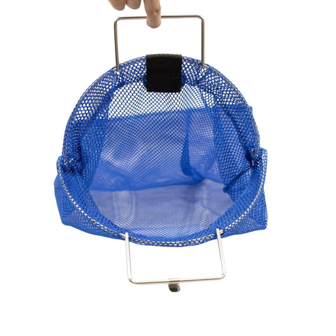 Blue Spearfishing Fish Bag Net With Heavy Duty 5mm Stainless Steel Handle, showcasing reinforced mesh and secure clip closure.