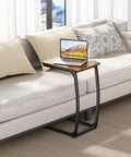 Set Of 2 C Shaped End Tables For Couch With Curved Legs Space Saving Under Sofa Side Tables Slide Under Sofa Or Bed TV Tray Table For Living Room And Bedroom Rustic Brown Finish Adjustable Feet next to beige couch with laptop on top
