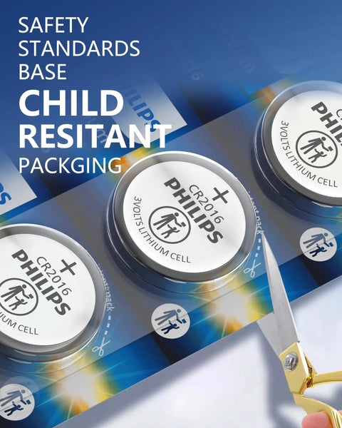 Top Shelf Cr2016 3V Lithium Coin Cell Battery 5 Pack in child-resistant packaging, showing CR2016 cells with safety design features.