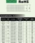 Heavy Duty PA66 Nylon Corrugated Conduit With Flame Resistant Sheathing dimensions and specs chart for various sizes.