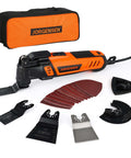 JORGENSEN oscillating multitool with orange/black body, includes blades, sanding sheets, and carrying case.
