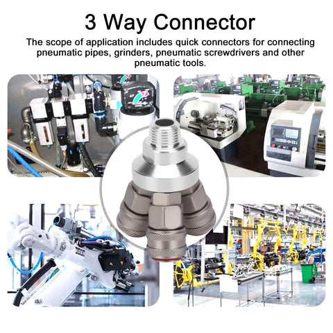 3 Way Connector Chrome Plated Pneumatic Component With Self-Locking One-Hand Quick Coupler for air tools and systems