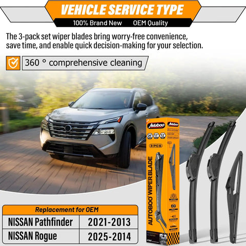 Nissan Rogue And Pathfinder Windshield Wiper Set 26 Inch Front Blade 17 Inch Front Blade And 12 Inch Rear Blade Replacement