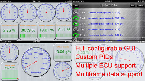 Dashboard display of Configurable Auto On Off Bluetooth Low Energy OBD II Car Diagnostic Tool with customizable GUI and PIDs.