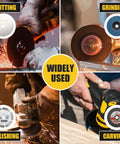 Collage of Cordless Brushless Mini Angle Grinder Kit With 3 Inch Grinding Discs 19500 RPM used for cutting, grinding, polishing, carving