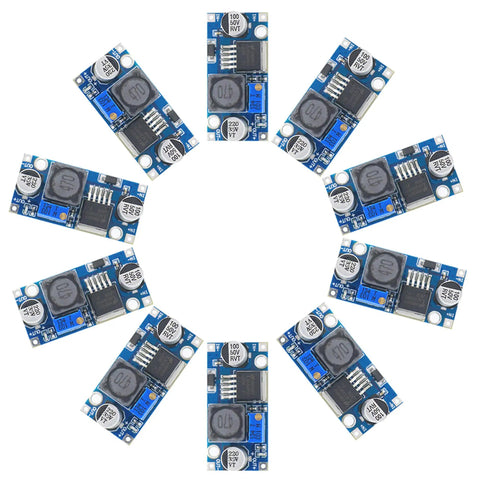 Adjustable DC to DC Buck Converter Module Pack of 10, 3.0 to 40V In, 1.5 to 35V Out, arranged in circular pattern