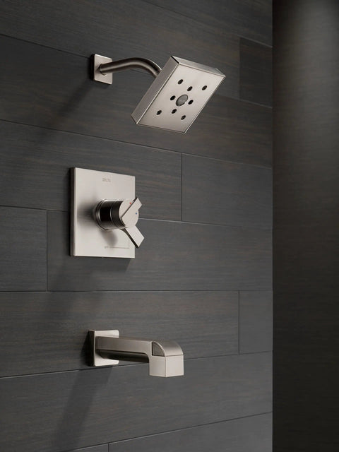 H2Okinetic Showerhead With WaterSense, 1.5 GPM At 80 Psi, Stainless Finish, High Efficiency Spa Spray installed in modern bathroom