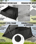 Diagram of One Person Pop Up Mosquito Net Tent With Mesh Shelter, Instant No Fuss One Second Setup, single person camping shelter with Oxford fabric dampproof bottom, showing features like waterproof coating, breathable mesh, and steel frame.