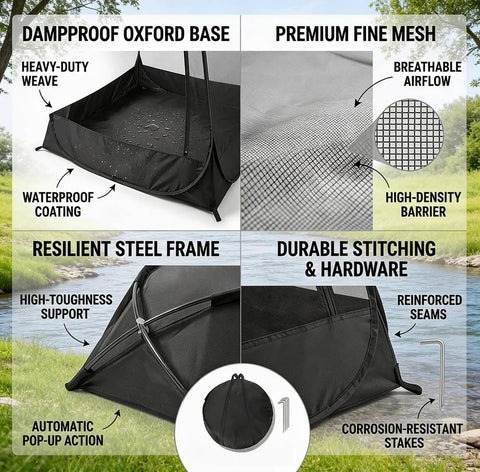 Diagram of One Person Pop Up Mosquito Net Tent With Mesh Shelter, Instant No Fuss One Second Setup, single person camping shelter with Oxford fabric dampproof bottom, showing features like waterproof coating, breathable mesh, and steel frame.