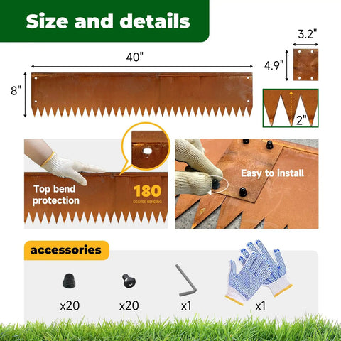 Pre Rusted Steel Garden Edging 40 Inch Long 8 Inch Deep 180 Degree Top Bend Protective Border Pack Of 6 details and sizing.