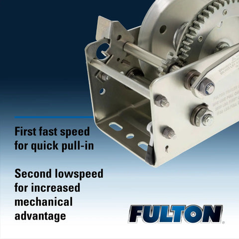 First fast speed feature of Two Speed Trailer Winch 2,600 Lbs Capacity 20 Ft Strap 10 Inch Comfort Grip Handle Beefy Power
