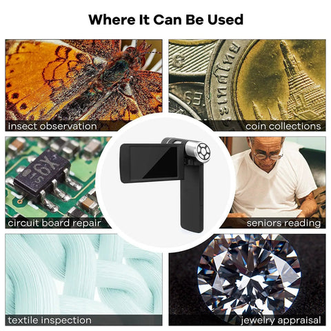 Pocket Sized 4 Inch Screen Digital Microscope 200x Zoom With 8 LED Lights For 1080P Photo And Video USB Microscope Camera For Adults And Kids Ages 8 To 12 Lightweight Handheld Kit With 32GB Memory showing insect, coin, circuit board, textile and jewelry use