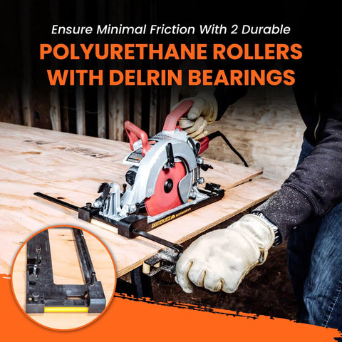 Rolling Circular Saw Guide and Cut Setter For Left Blade Saws Glide On Roller System in use with polyurethane rollers